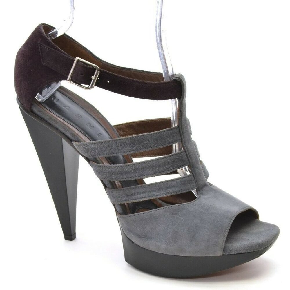 Marni Gray Brown Suede T-Strap Platform Pumps 40